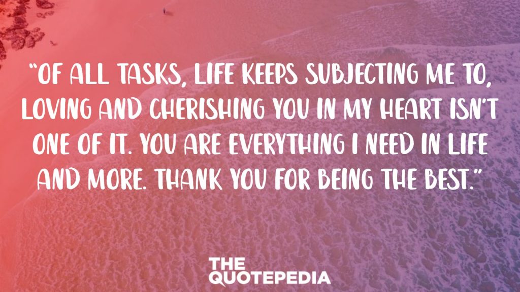 “Of all tasks, life keeps subjecting me to, loving and cherishing you in my heart isn’t one of it. You are everything I need in life and more. Thank you for being the best.”