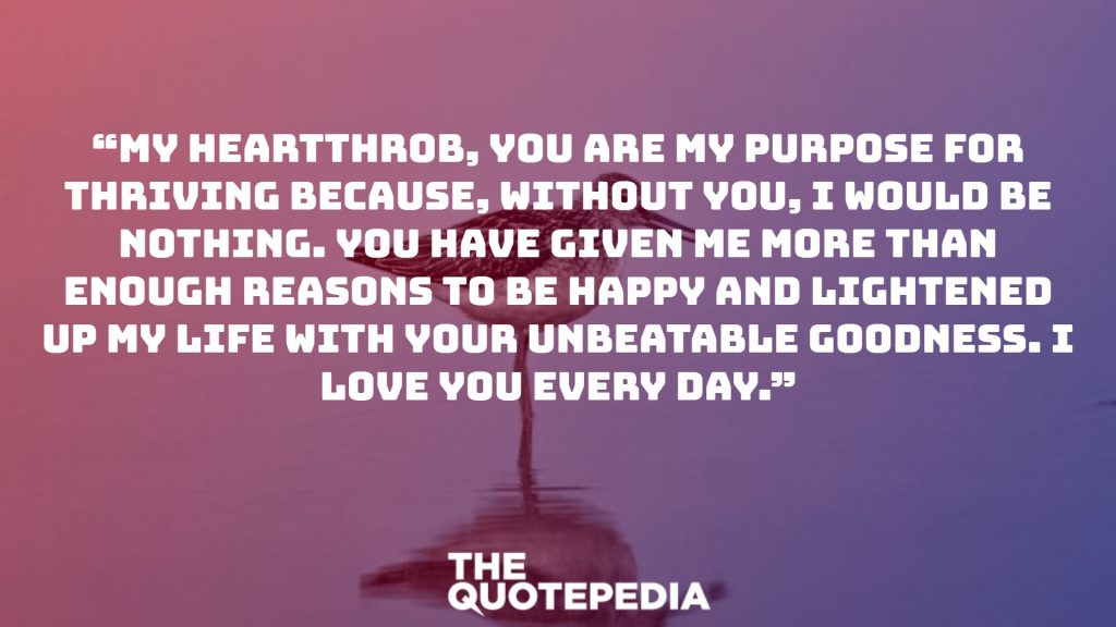 “My heartthrob, you are my purpose for thriving because, without you, I would be nothing. You have given me more than enough reasons to be happy and lightened up my life with your unbeatable goodness. I love you every day.”